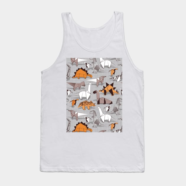 Origami dino friends // pattern // grey linen texture background orange white and beige dinosaurs Tank Top by SelmaCardoso